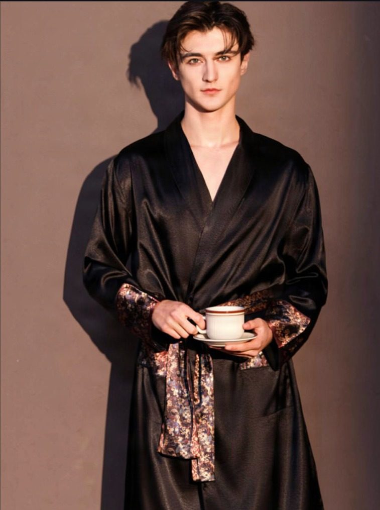 Men's silk robe, double-face satin - Bulk Hotel Silk Bathrobes wholesale from a China silk factory