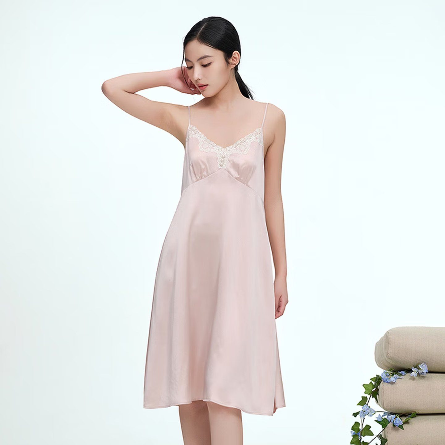 Silk slip nightgown, French wavy hem - Bulk Silk Nightgowns wholesale from a China silk factory