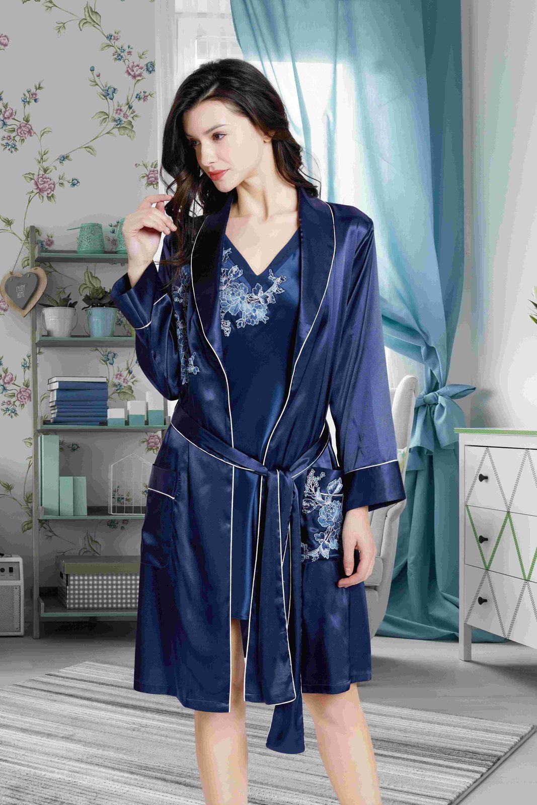 Silk three-piece set, robe, top and pants - Bulk Silk Pajama Sets wholesale from a China silk factory